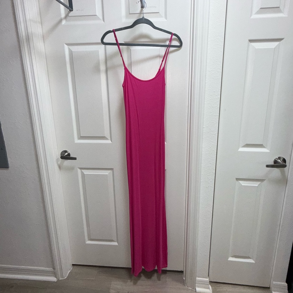 Reoria Ribbed Spaghetti Strap Maxi Dress | Hot Pink | Size Large